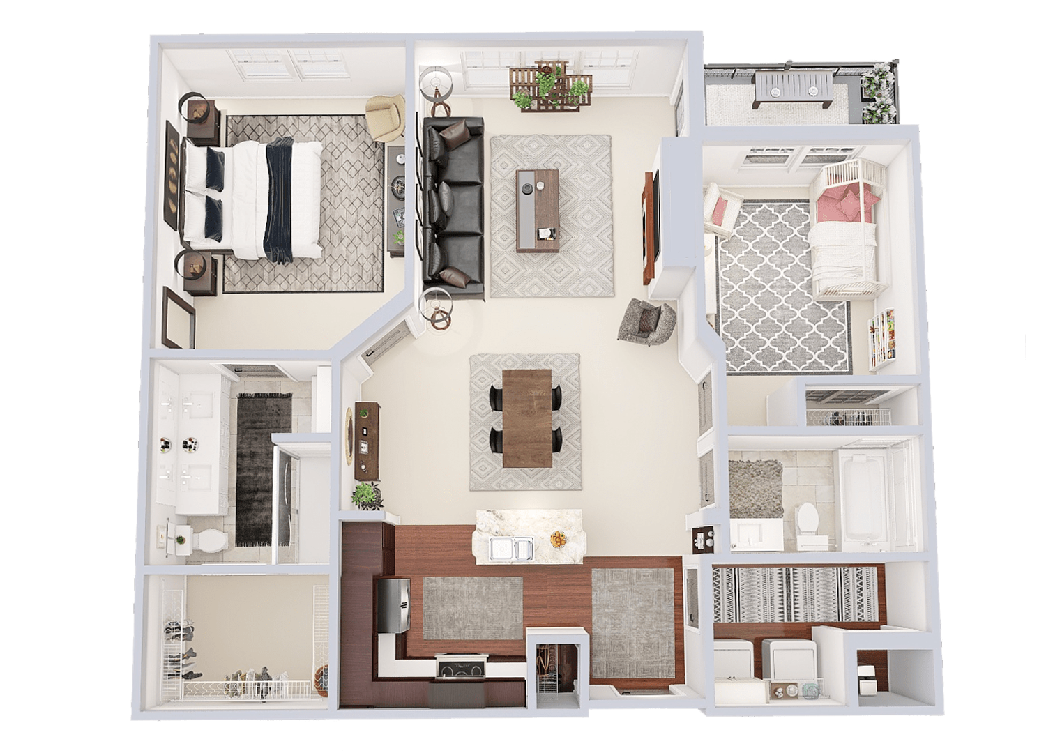 Floor plan for 2 beds, 2 baths, 1167 sqft